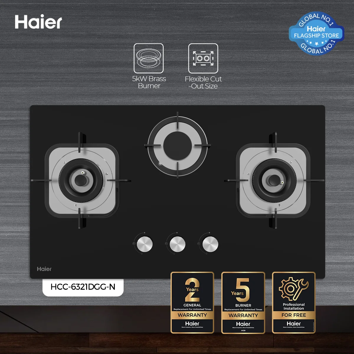Haier HCC-6321DGG-N 3 Burner Kitchen Gas Hob