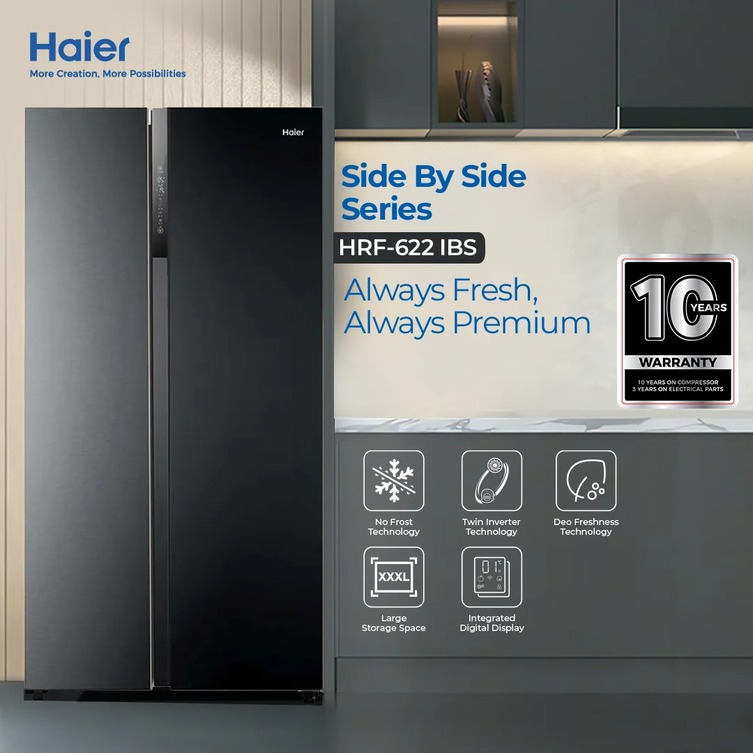 Haier HRF-622IBS Refrigerator – 22 CFT Side by Side Digital Inverter